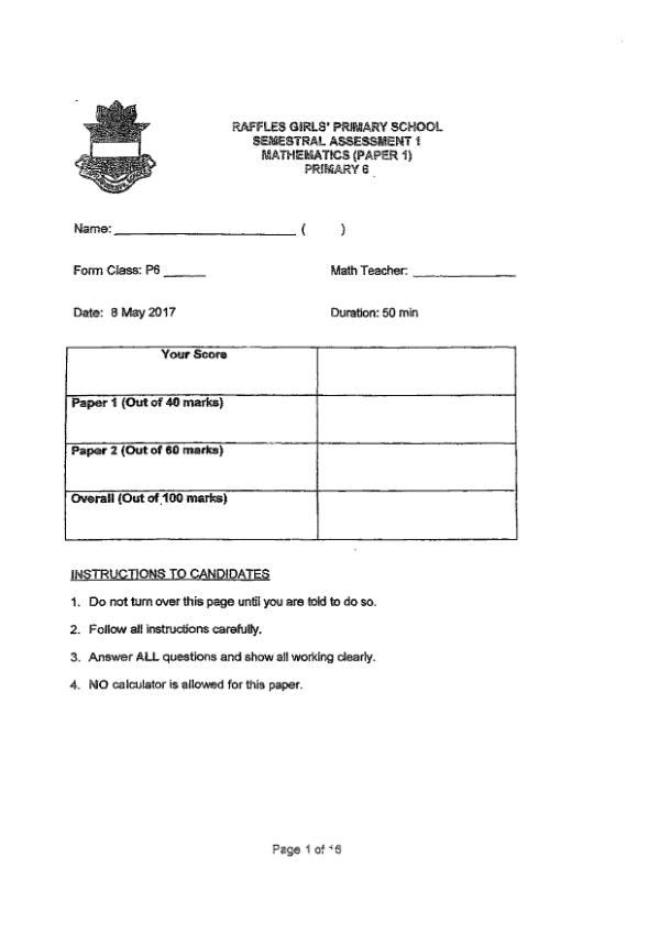 First page preview of P6 Math 2017 WA2 — Raffles Girls