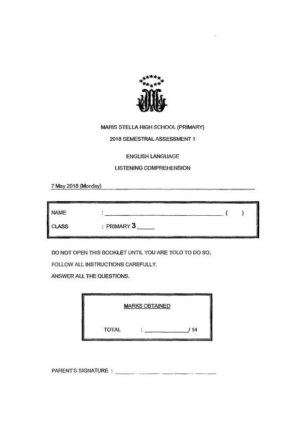 Maris Stella High P3 Eng WA2 2018 exam paper PDF first page preview