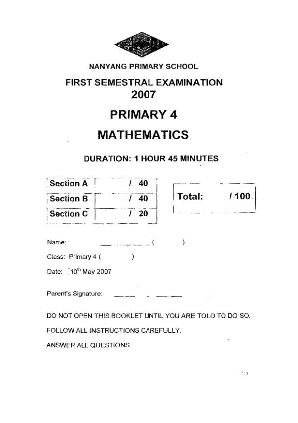 Nanyang P4 Math WA2 2007 exam paper PDF preview