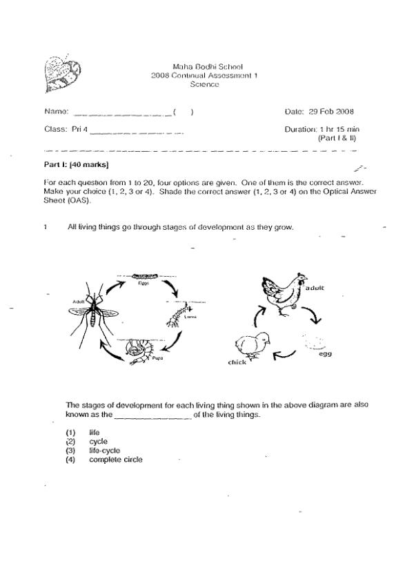 Maha Bodhi P4 Sci WA1 2008 exam paper PDF preview