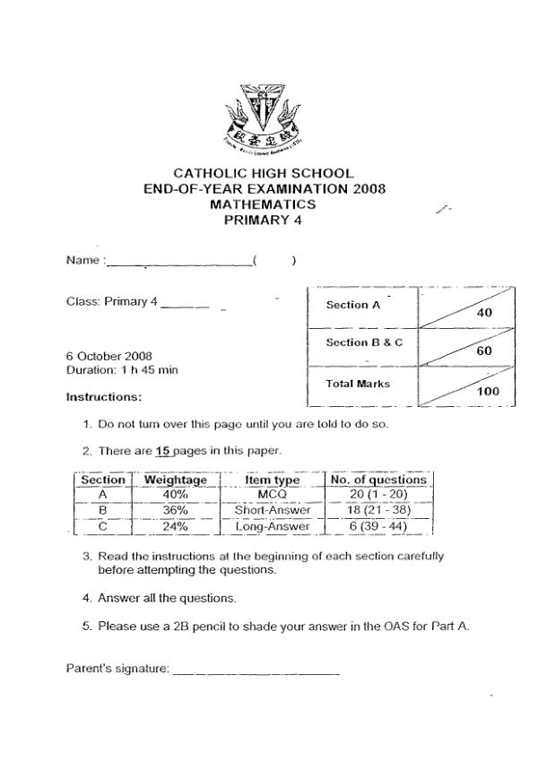 Catholic High P4 Math SA2 2008 exam paper PDF preview
