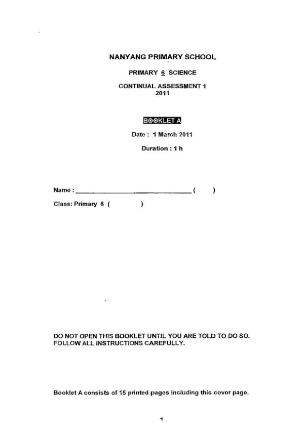 Nanyang P6 Sci WA1 2011 exam paper PDF first page preview