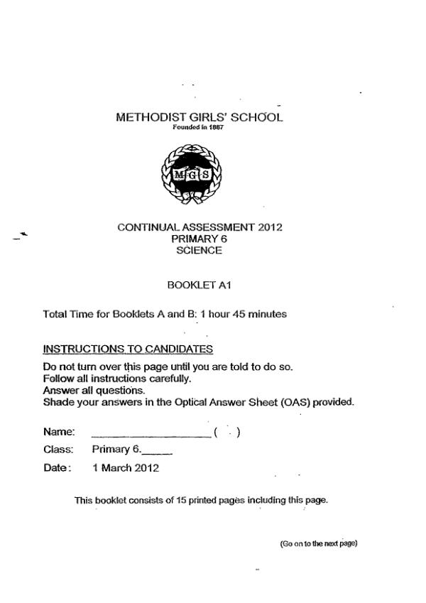 Methodist Girls P6 Sci WA1 2012 exam paper PDF first page preview