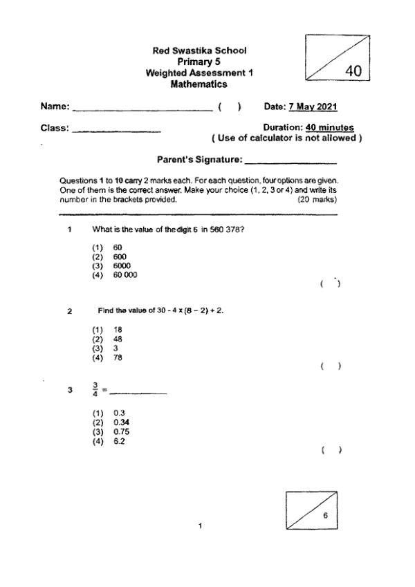 First page preview of P5 Math 2021 WA2 — Red Swastika
