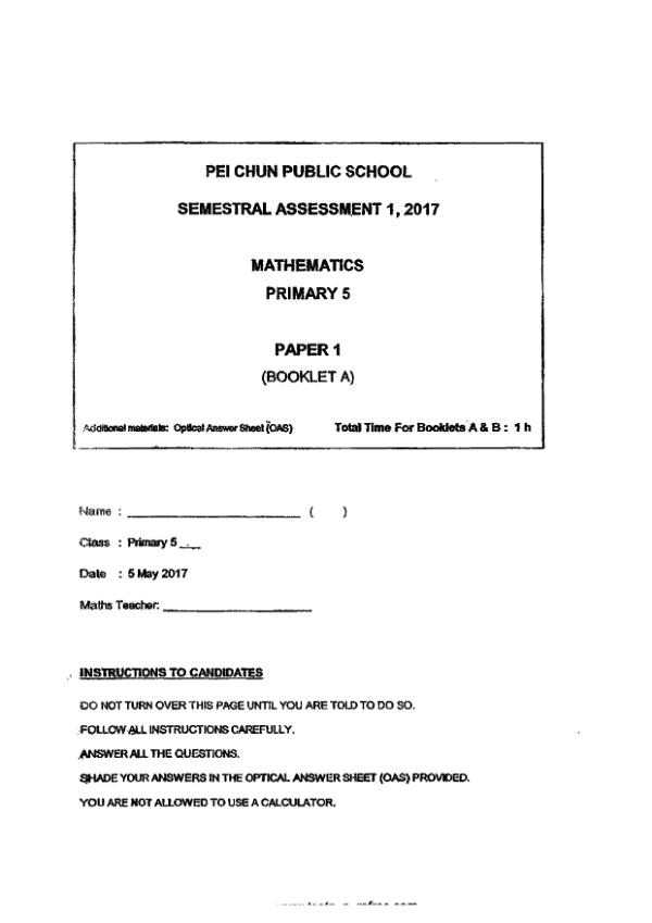 First page preview of P5 Math 2017 WA2 — Pei Chun
