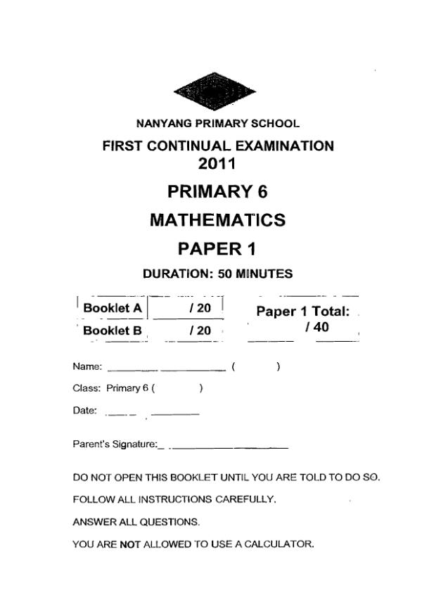 Nanyang P6 Math WA1 2011 exam paper PDF preview