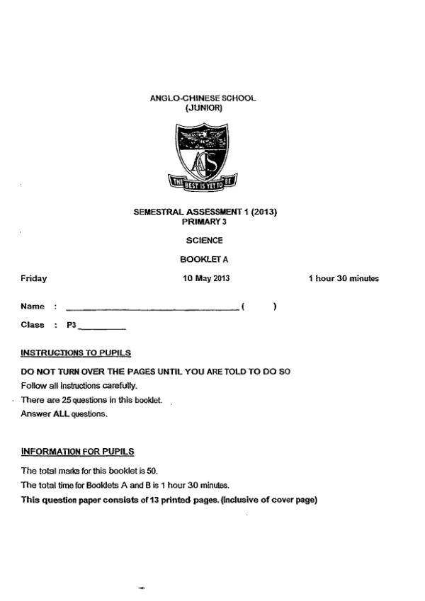Anglo Chinese P3 Sci WA2 2013 exam paper PDF preview