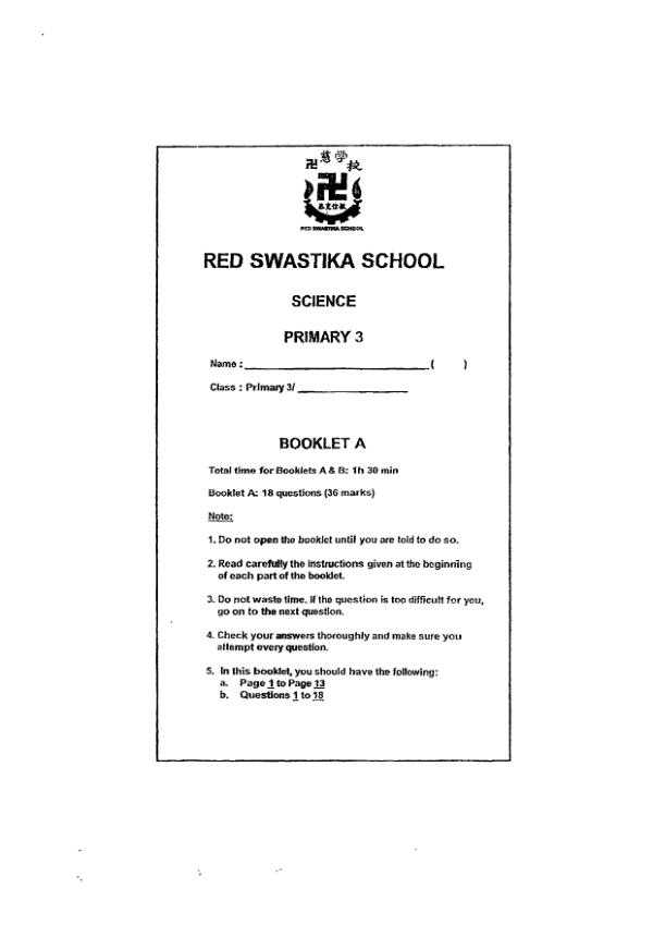 Red Swastika P3 Sci SA2 2023 exam paper PDF preview