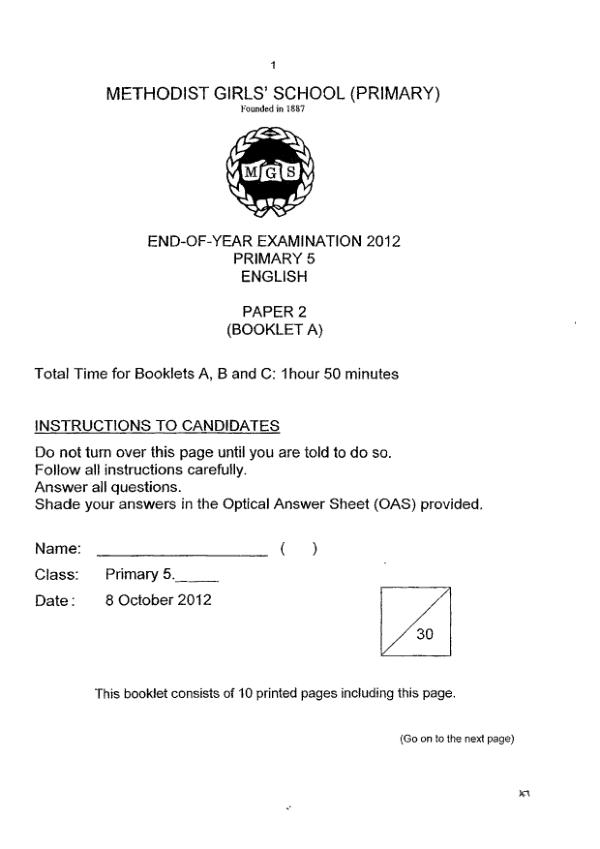 Methodist Girls P5 Eng SA2 2012 exam paper PDF preview