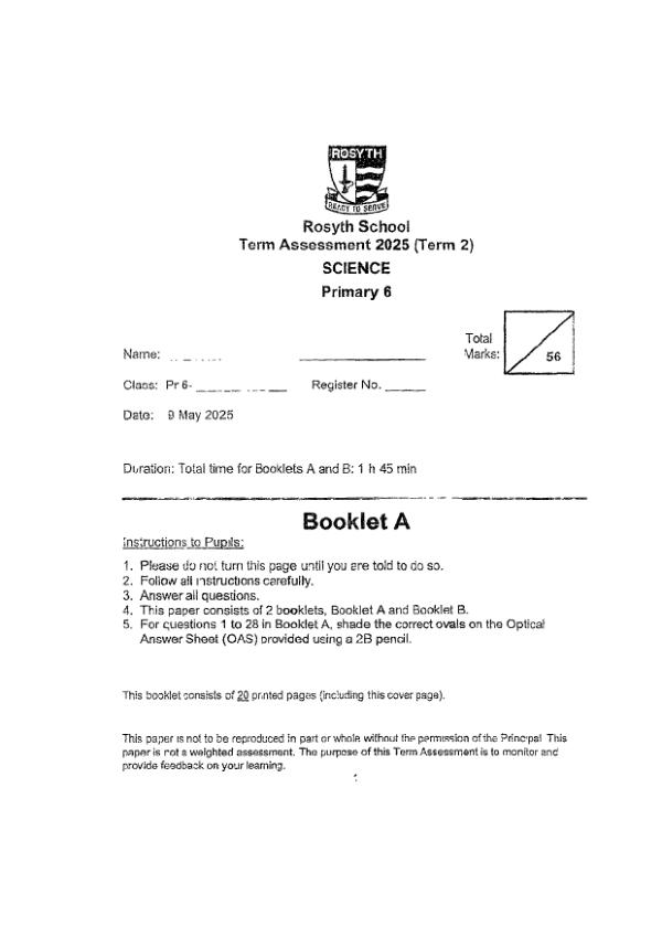 Rosyth P6 Sci SA2 2025 exam paper PDF first page preview