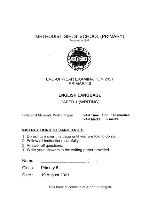 Methodist Girls P6 Eng SA2 2021 exam paper PDF first page preview