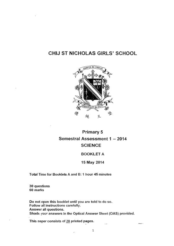 CHIJ P5 Sci WA2 2014 exam paper PDF first page preview