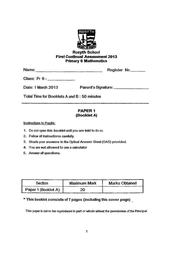 Rosyth P6 Math WA1 2013 exam paper PDF preview