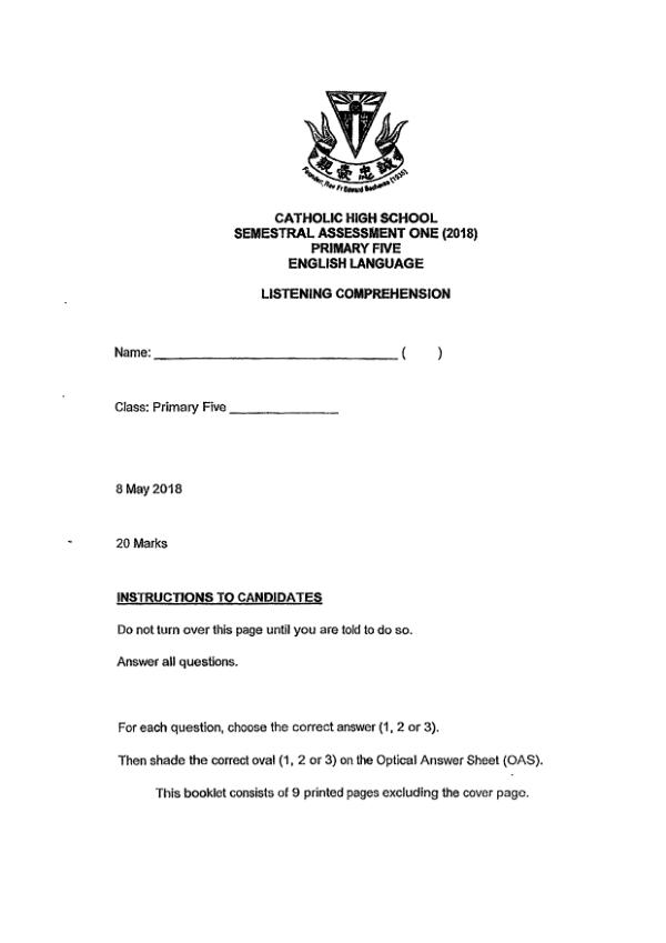 Catholic High P5 Eng WA2 2018 exam paper PDF first page preview