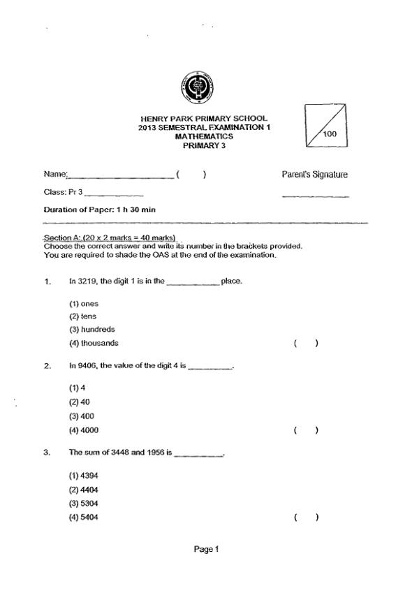 Henry Park P3 Math WA2 2013 exam paper PDF first page preview
