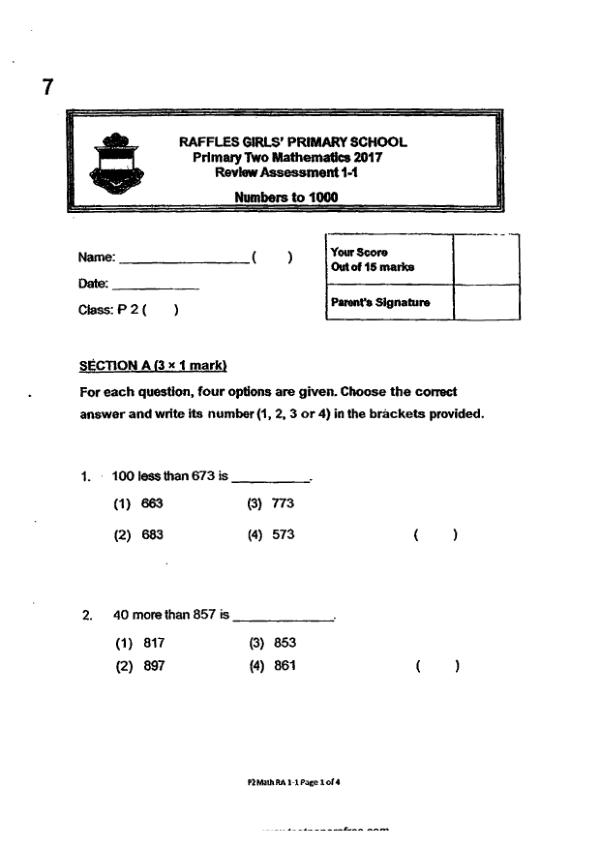 First page preview of P2 Math 2017 WA1 — Raffles Girls