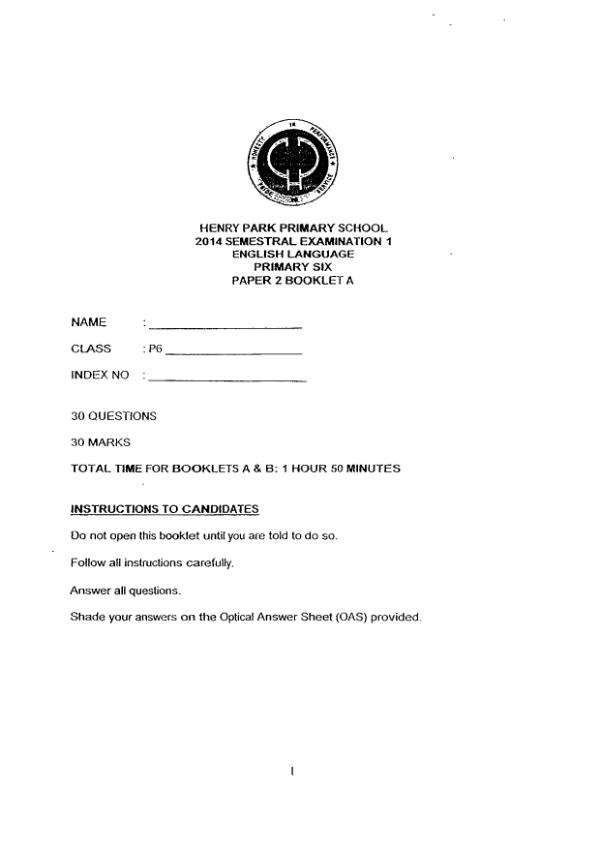 Henry Park P6 Eng WA2 2014 exam paper PDF first page preview