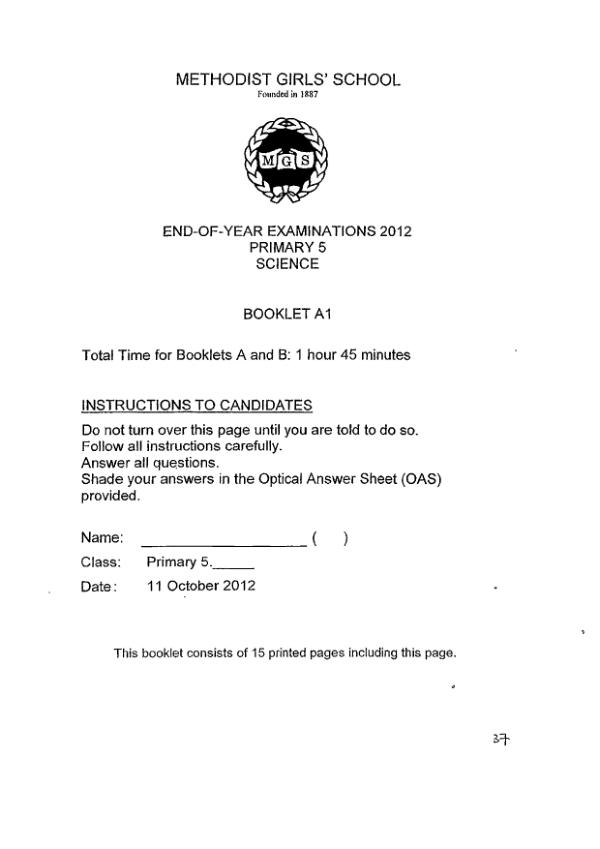 Methodist Girls P5 Sci SA2 2012 exam paper PDF preview