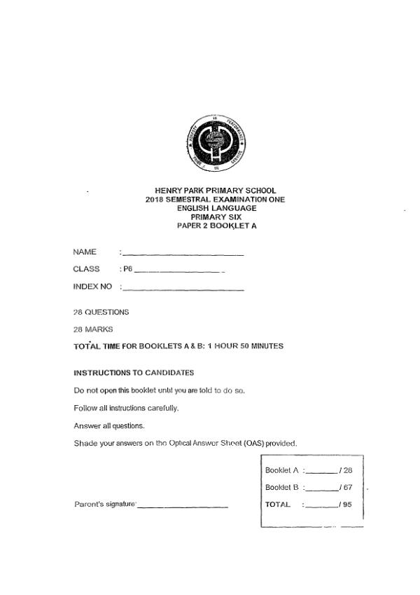 Henry Park P6 Eng WA2 2018 exam paper PDF first page preview