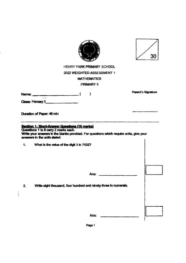 First page preview of P3 Math 2022 WA1 — Henry Park