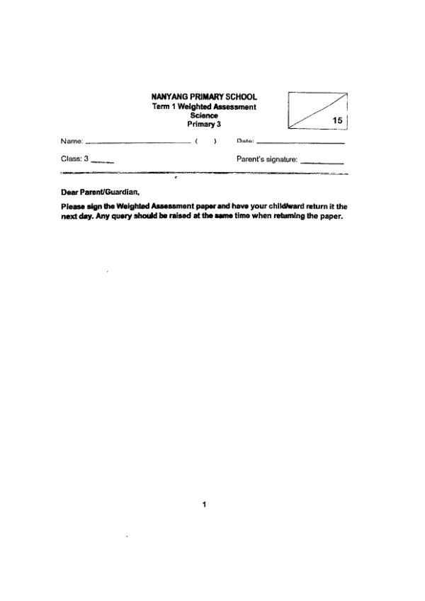 Nanyang P3 Sci WA1 2022 exam paper PDF preview