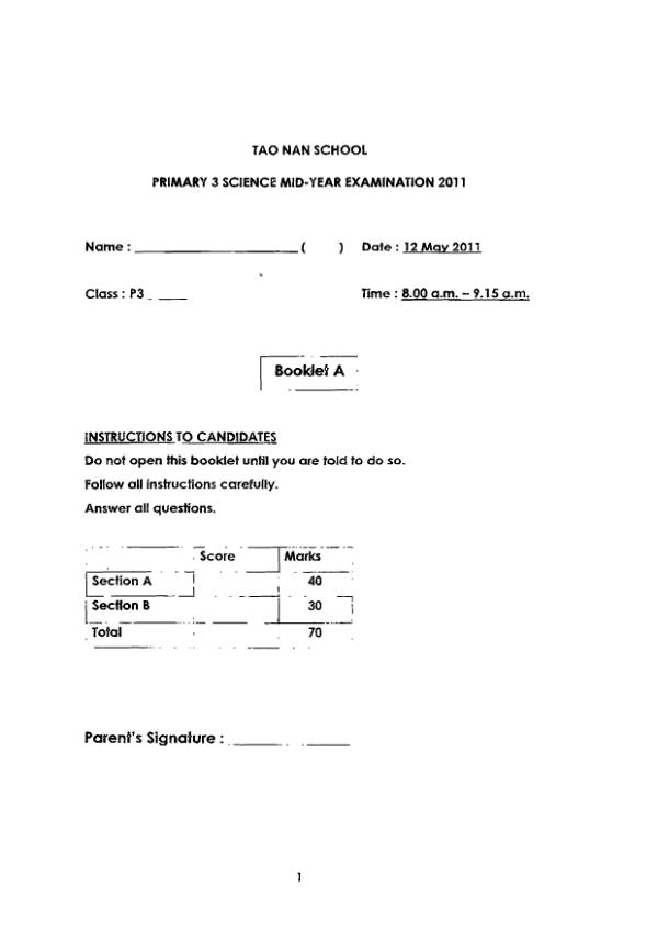 Tao Nan P3 Sci WA2 2011 exam paper PDF preview