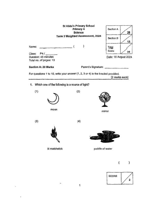 First page preview of P4 Sci 2024 WA3 — St Hildas
