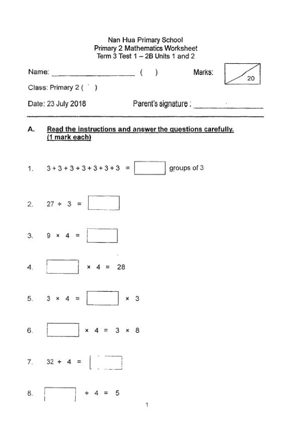 First page preview of P2 Math 2018 WA3 — Nan Hua