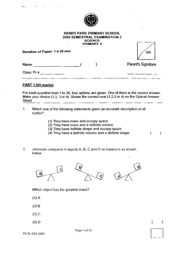 Henry Park P4 Sci SA2 2009 exam paper PDF preview