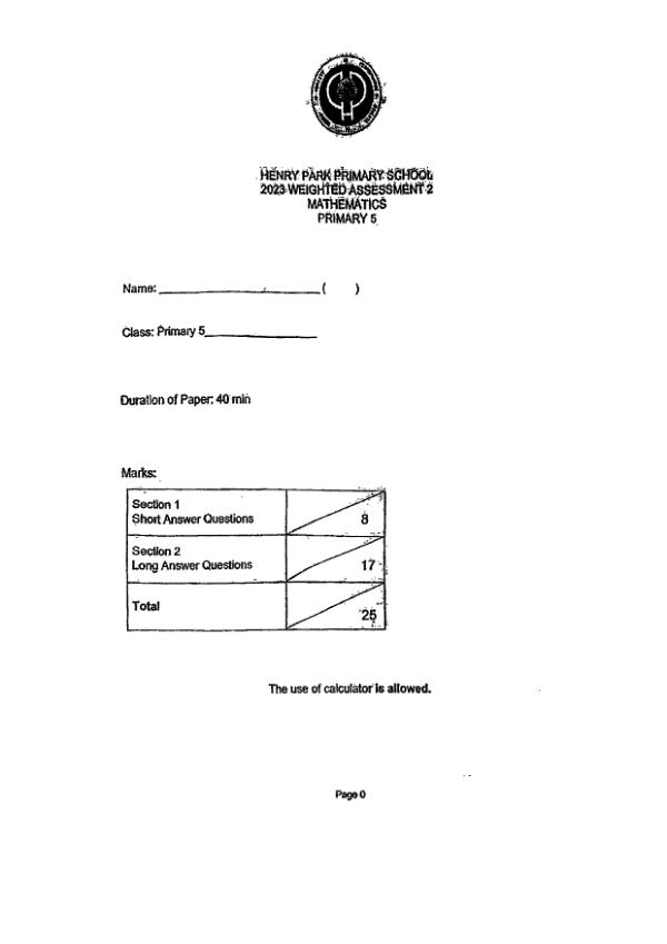 First page preview of P5 Math 2023 WA2 — Henry Park