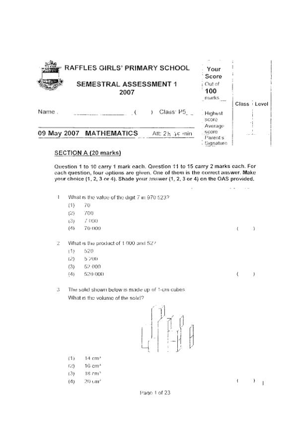 Raffles Girls P5 Math WA2 2007 exam paper PDF preview