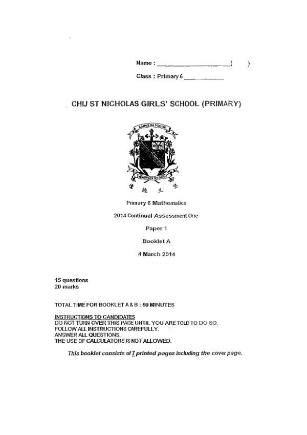 CHIJ P6 Math WA1 2014 exam paper PDF preview