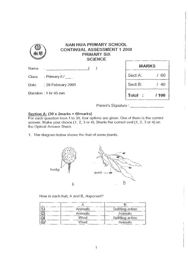 Nan Hua P6 Sci WA1 2008 exam paper PDF first page preview