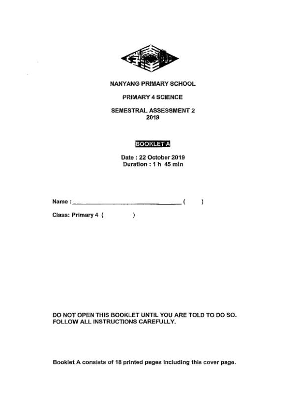 Nanyang P4 Sci SA2 2019 exam paper PDF first page preview