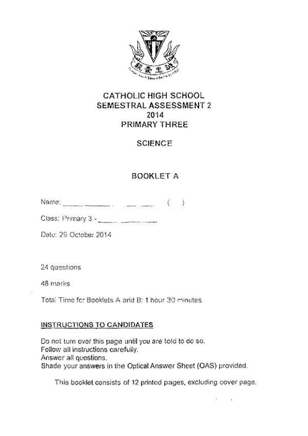 Catholic High P3 Sci SA2 2014 exam paper PDF first page preview