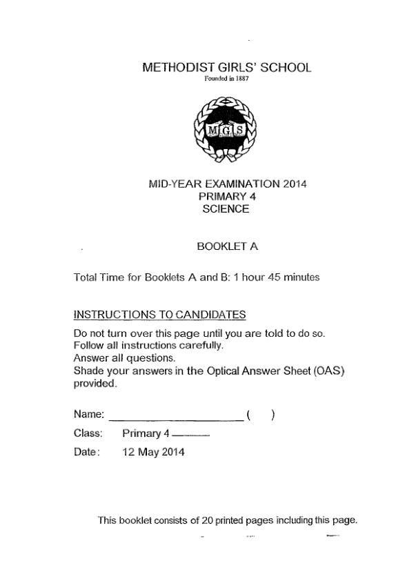 Methodist Girls P4 Sci WA2 2014 exam paper PDF first page preview