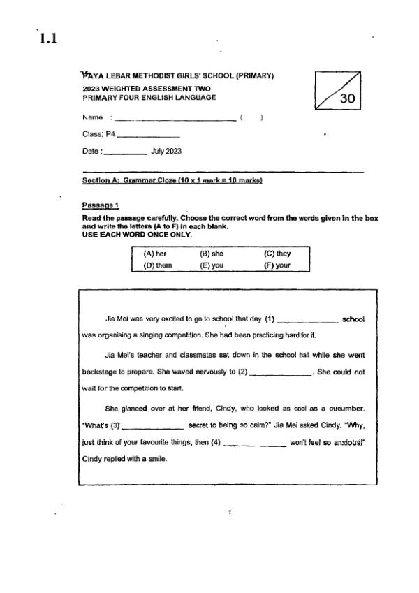 Methodist Girls P4 Eng WA2 2023 exam paper PDF first page preview