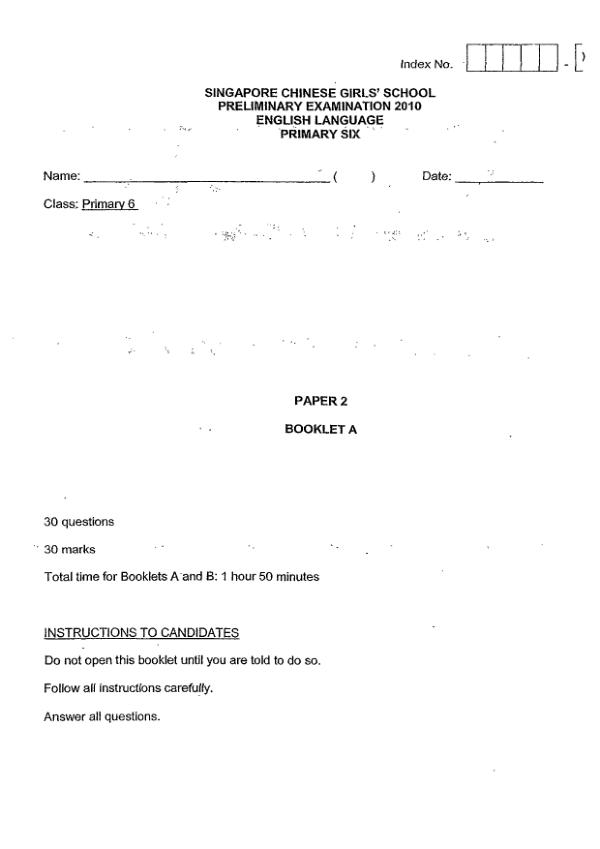 Singapore Chinese Girls P6 Eng SA2 2010 exam paper PDF first page preview