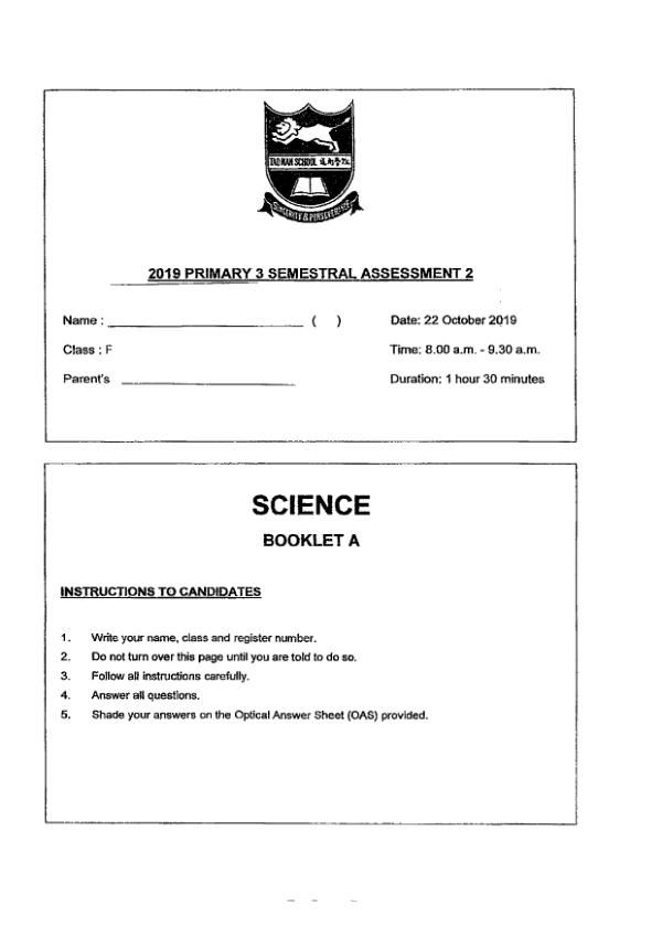 Tao Nan P3 Sci SA2 2019 exam paper PDF preview