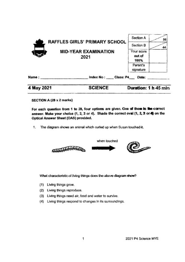 Raffles Girls P4 Sci WA2 2021 exam paper PDF first page preview