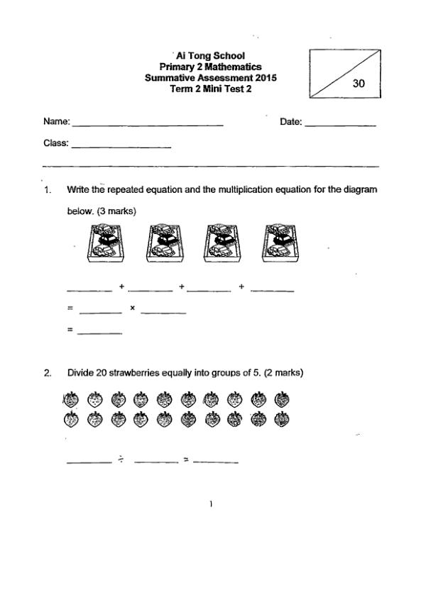First page preview of P2 Math 2015 WA2 — Ai Tong