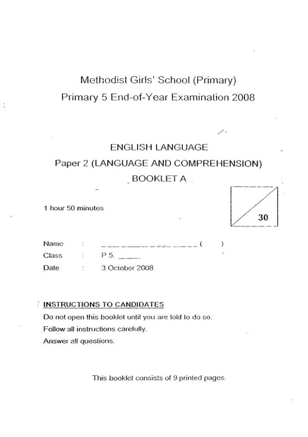 Methodist Girls P5 Eng SA2 2008 exam paper PDF preview