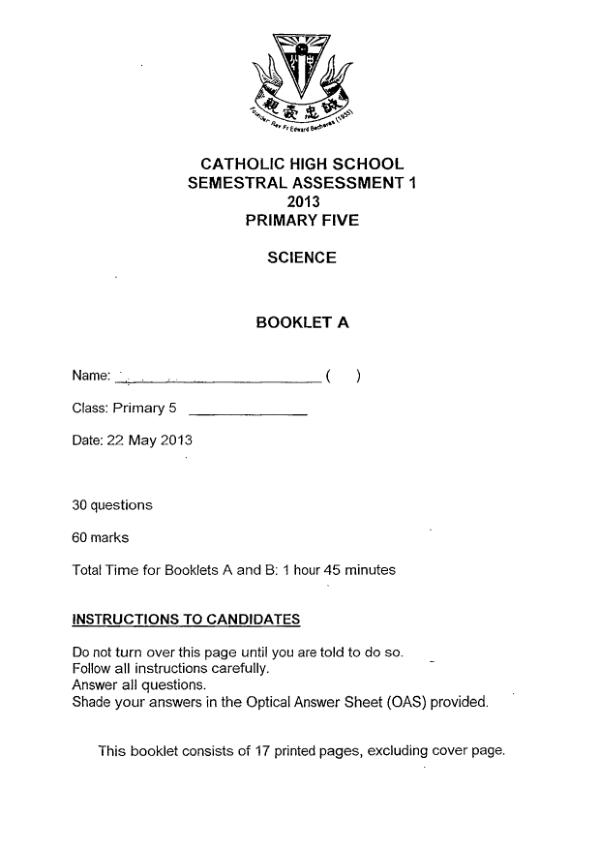 Catholic High P5 Sci WA2 2013 exam paper PDF preview