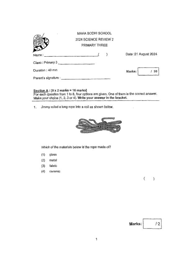 First page preview of P3 Sci 2024 WA2 — Maha Bodhi