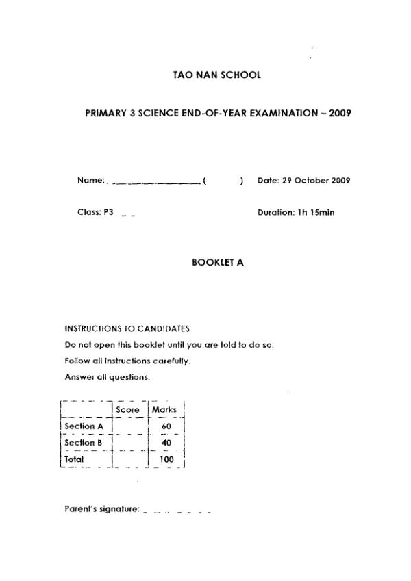 Tao Nan P3 Sci SA2 2009 exam paper PDF first page preview