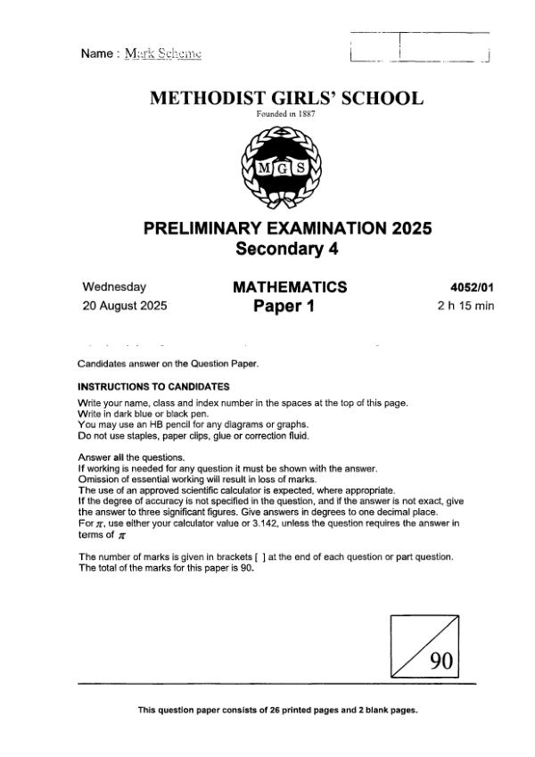 Methodist Girls Sec4 E_Maths Prelim 2025 exam paper PDF preview