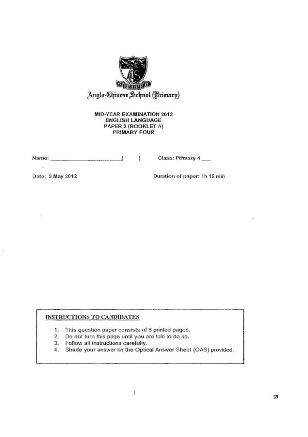 Anglo Chinese P4 Eng WA2 2012 exam paper PDF first page preview