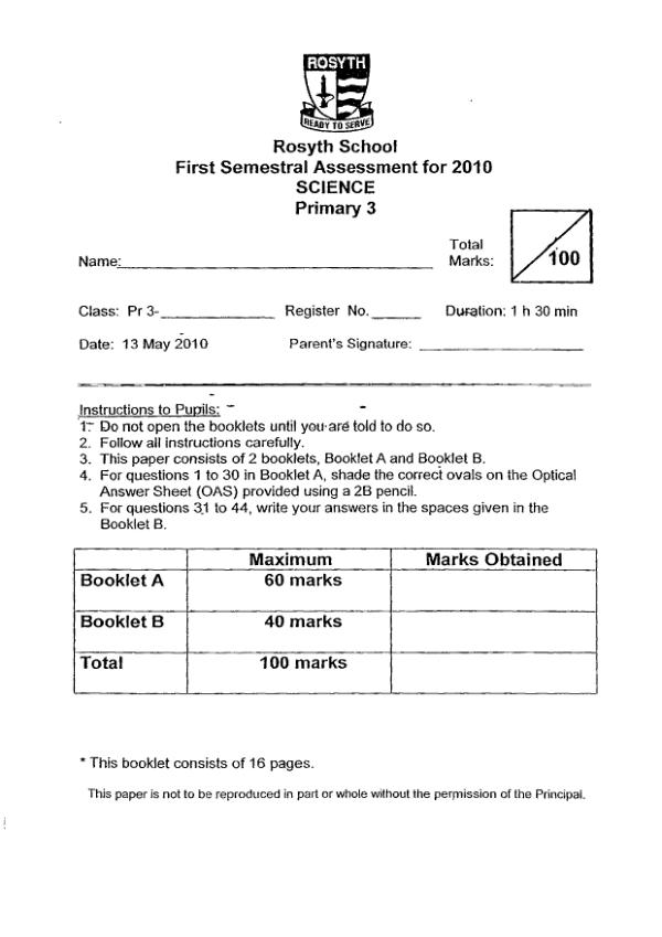 Rosyth P3 Sci WA2 2010 exam paper PDF preview