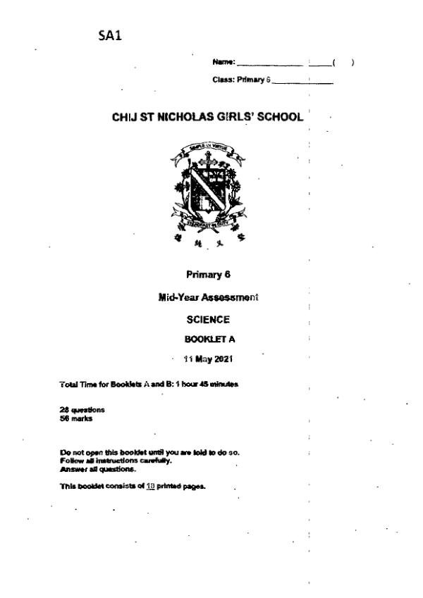 CHIJ P6 Sci WA2 2021 exam paper PDF first page preview