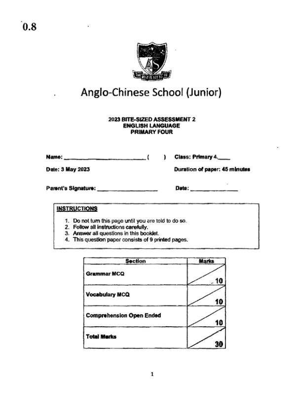 Anglo Chinese P4 Eng WA2 2023 exam paper PDF first page preview
